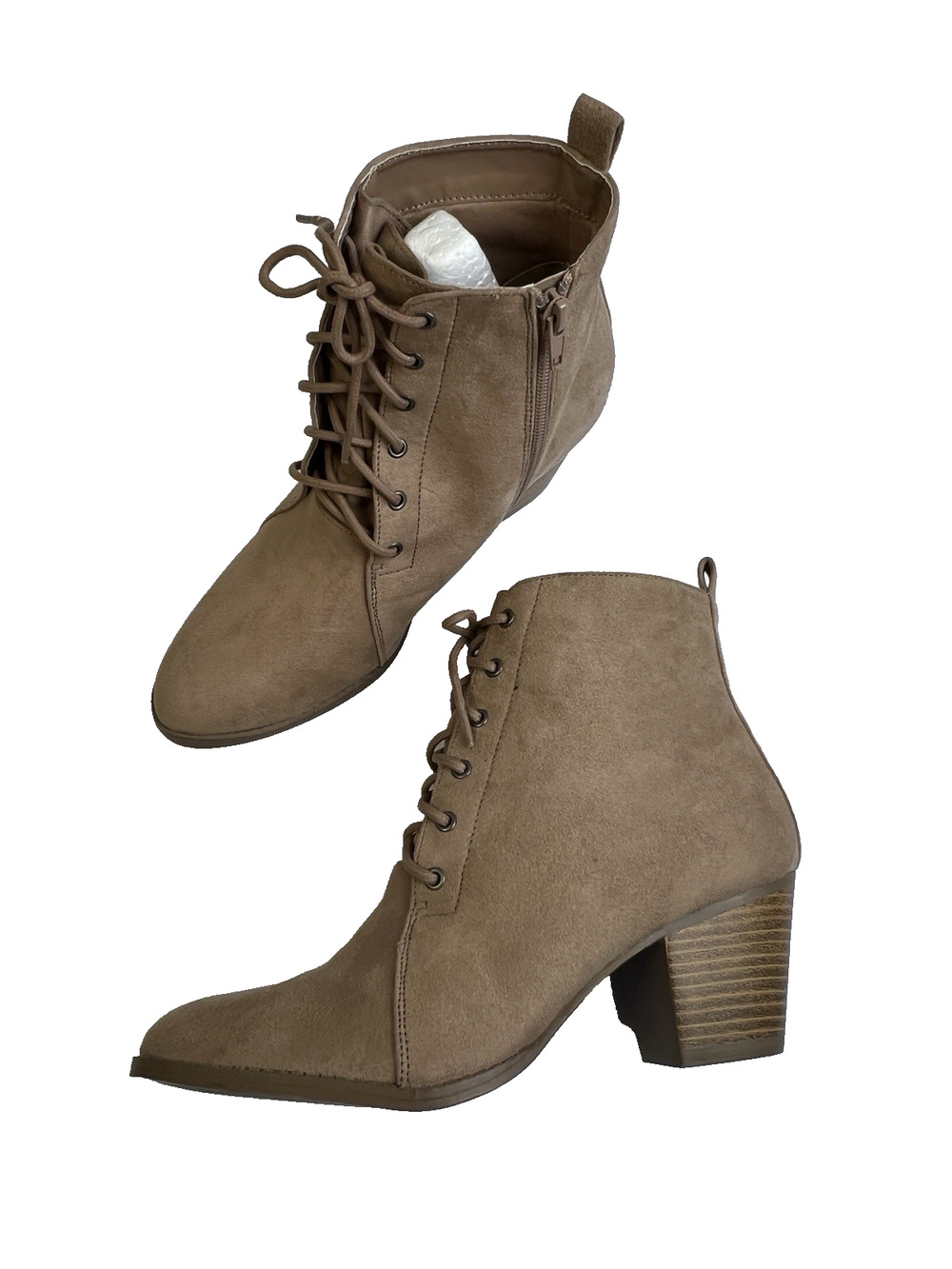 Qupic Booties Stacked Heel Boots Women 7 Tan Faux Suede Lace Up Work School